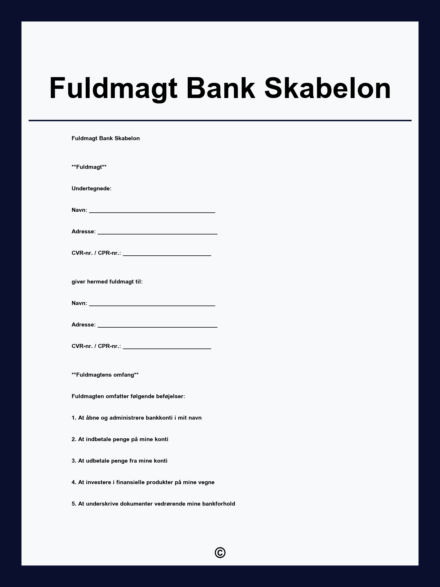 Fuldmagt Bank Skabelon