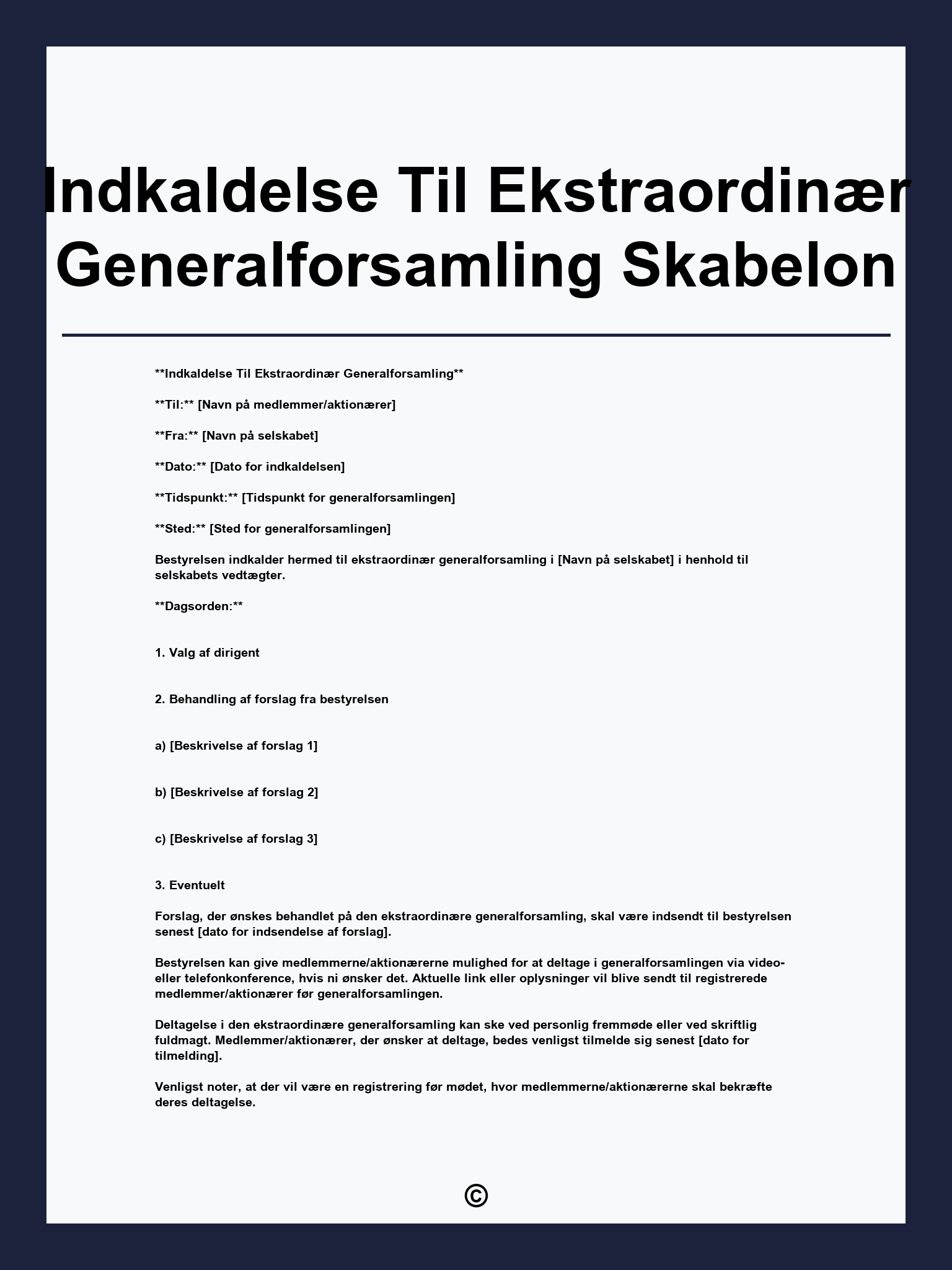Indkaldelse Til Ekstraordinær Generalforsamling Skabelon