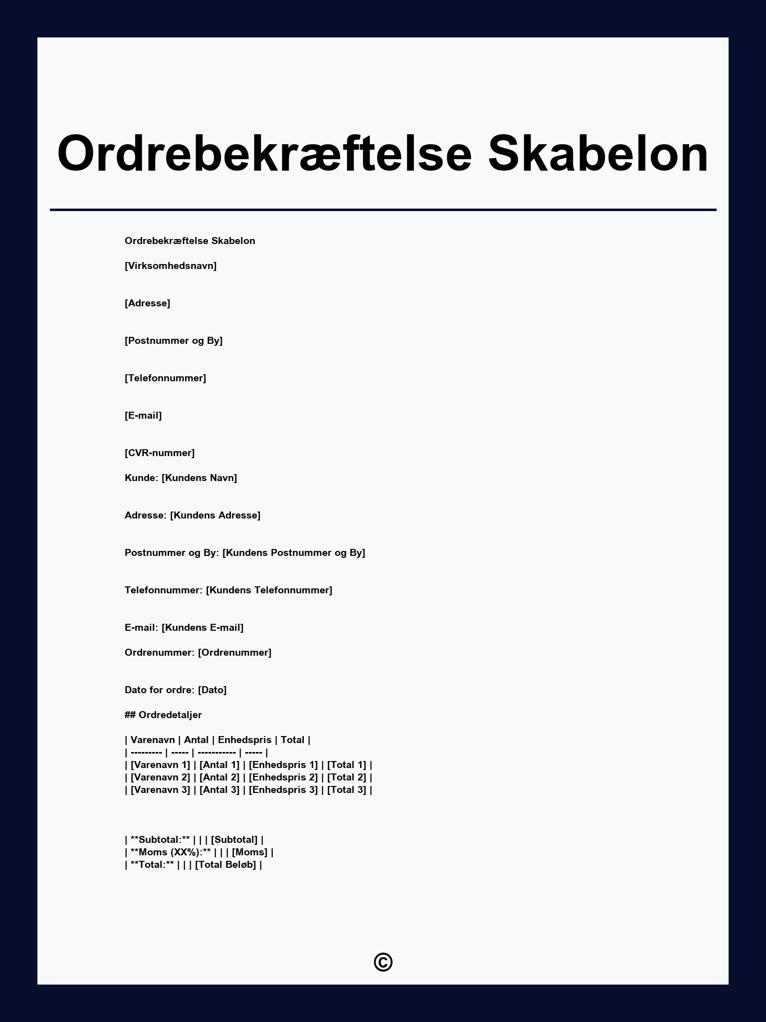 Ordrebekræftelse Skabelon